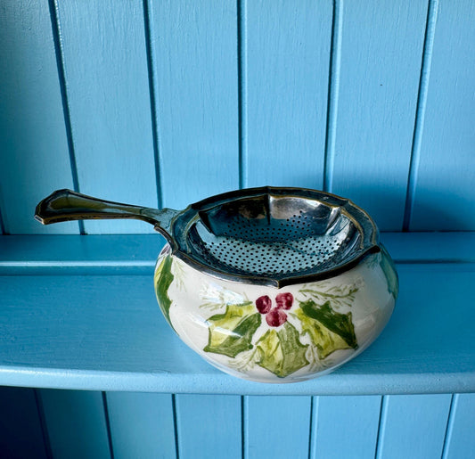 Beautiful Silver Plated Tea Strainer 'Christmas Decor' Previously Loved, Arno Zilver, Vintage Gift, Porcelain Drip Bowl, Hand Painted By W.B