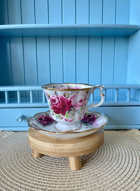 Collectors TeaCup, Royal Albert "Summer Bounty Ruby" Gainsborough Tea Set, Thick Gold, Bone China, Pink Cabbage Roses Decor, Made in England