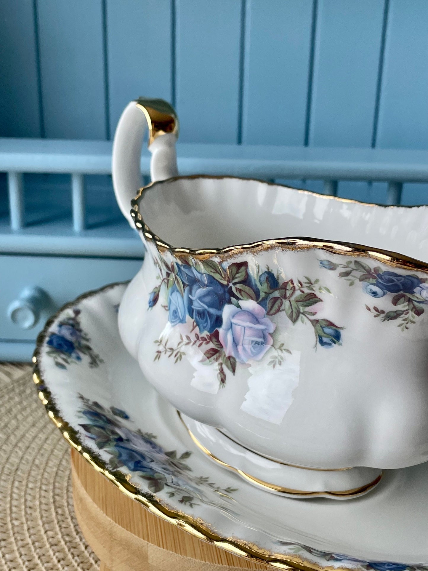 Very Rare Hard To Find Royal Albert "Moonlight Rose" Gravy Jar on Platter, Beautiful Thick Gold, Fine Bone China, Blue Roses Decor, England