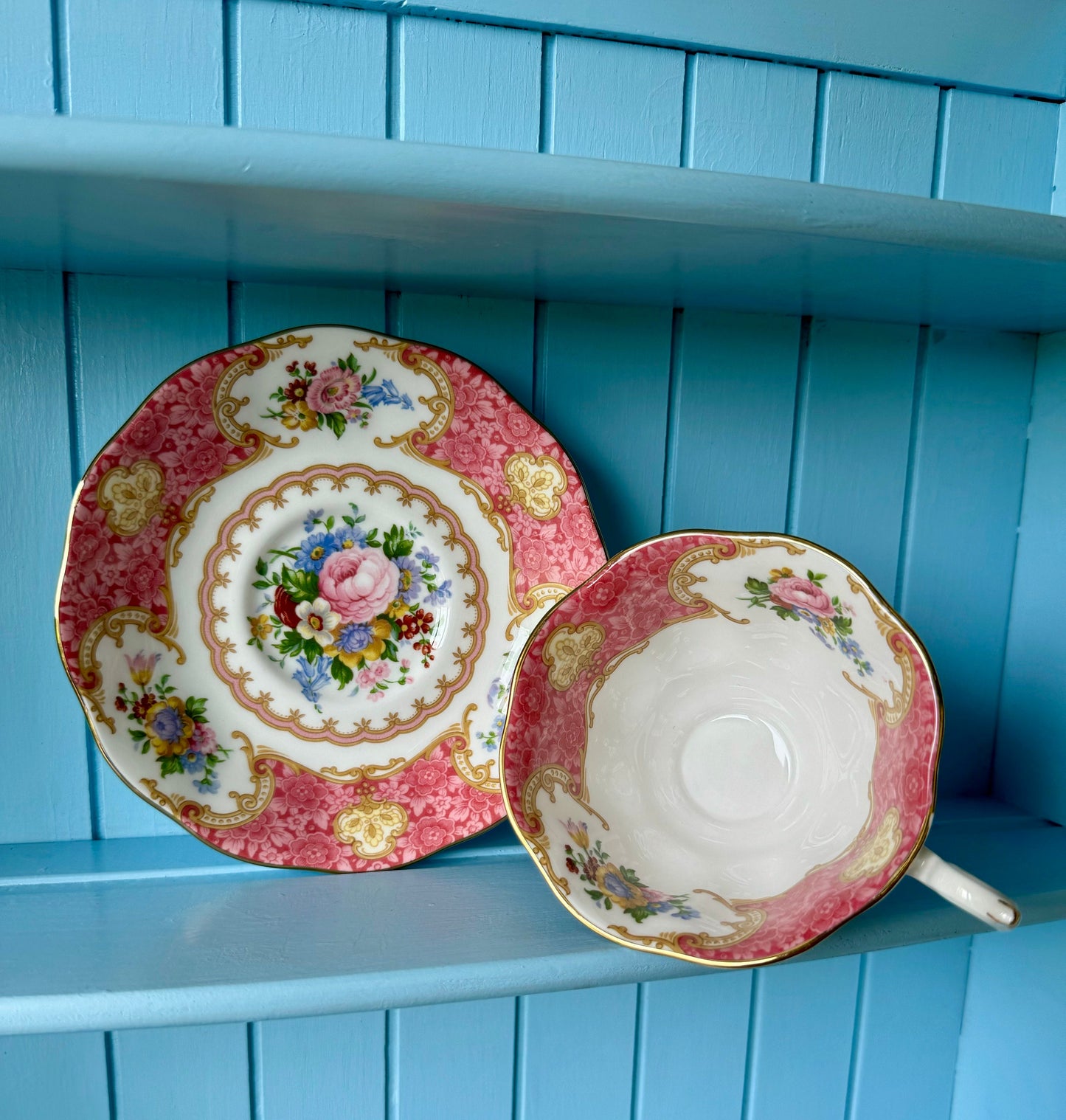 Very Rare Hard To Find "Inside Out" Royal Albert "Lady Carlyle" Avon Shape Teacup, Bone China, Previously Loved, Pink Decor, Made In England