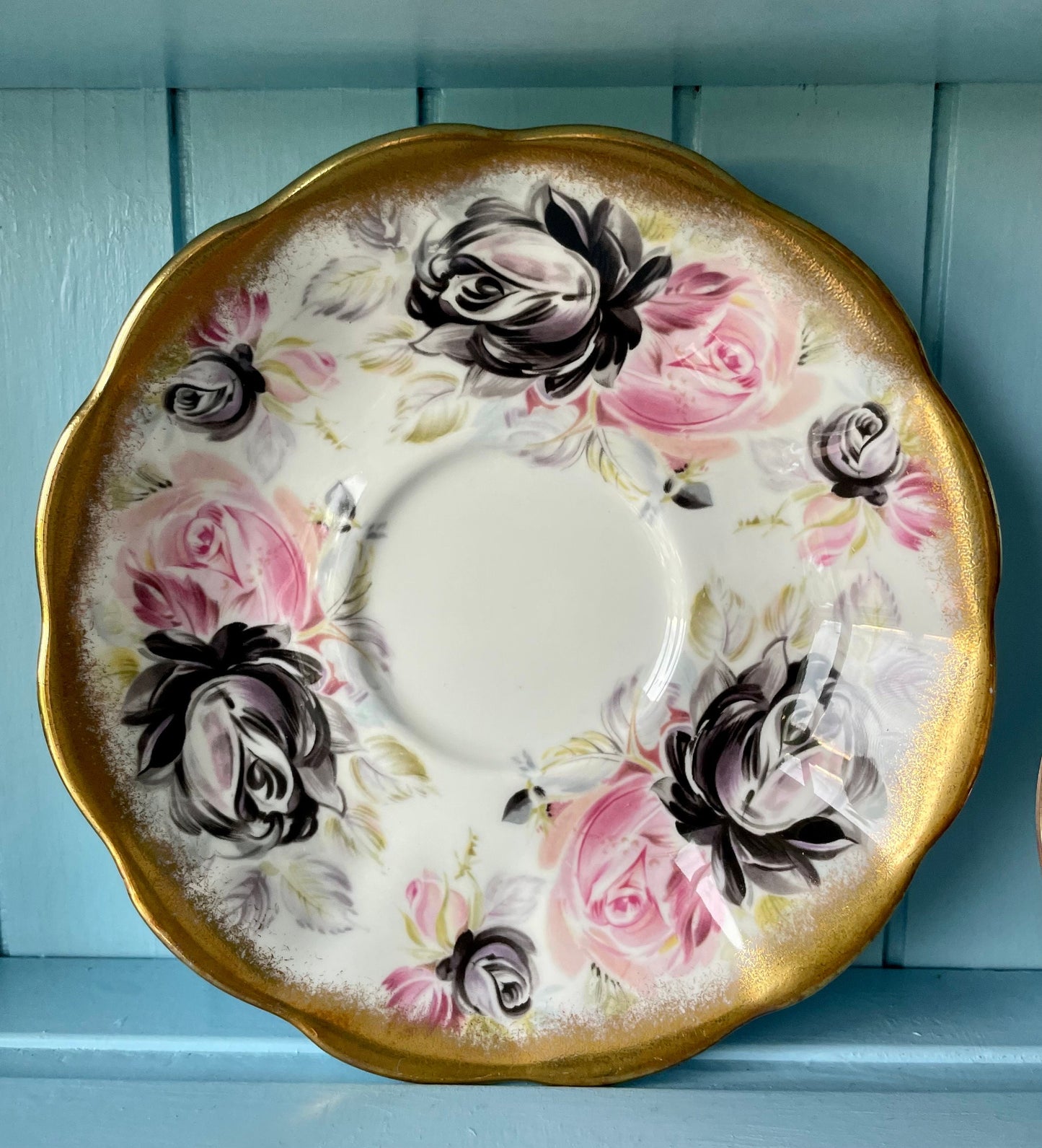 Rare Vintage Royal Albert Summer Bounty Tourmaline TeaCup and Saucer, Bone China, Pink & Black Roses, Thick Gold Trim, Collectors, England
