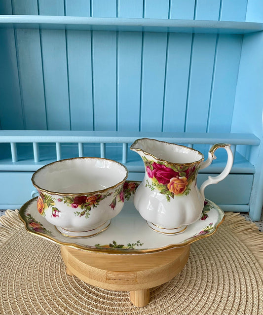 Vintage Royal Albert "Old Country Roses" 3 Piece Creamer Set, First Edition, Bone China, Previously Loved, Red & Yellow Roses Decor, England