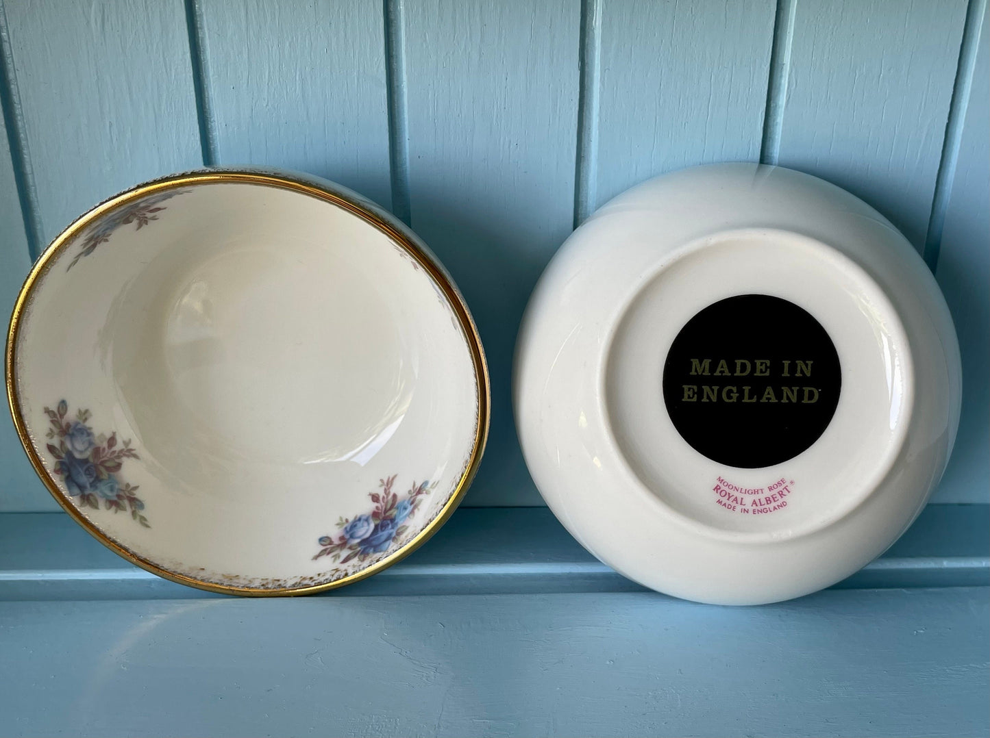 Very Collectible Concorde and Royal Albert Moonlight Rose Collaboration, Fruit/ Salade Bowl, Bone China, Beautiful Blue Roses Decor, England