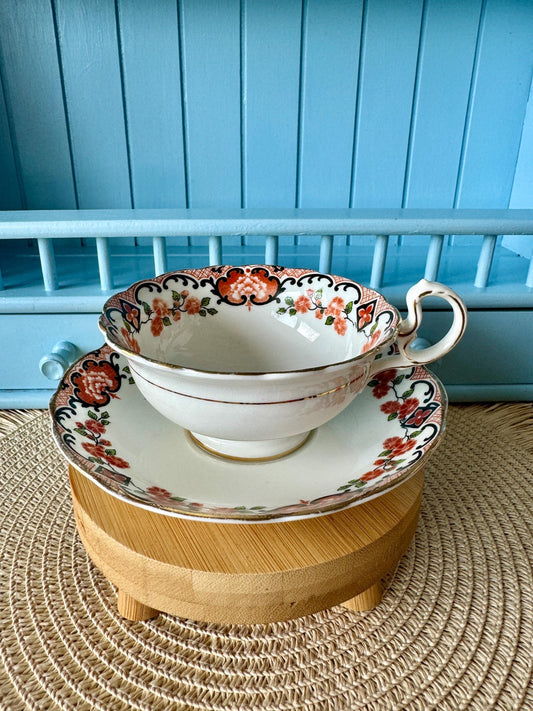 Rare Vintage Aynsley Teacup and Saucer Set ,Very Good Condition, Red and Blue Roses Design, Crafted 1940's, Bone China, Crazing, England