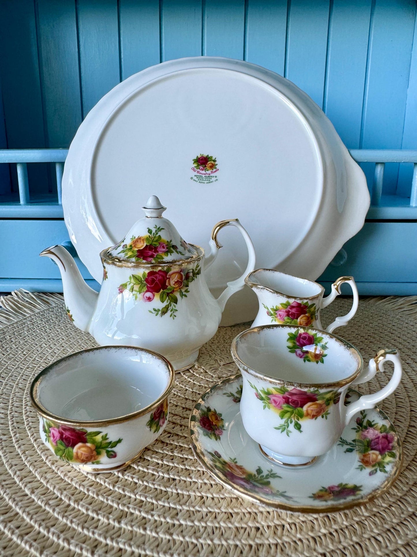Vintage Royal Albert "Old Country Roses" Miniature Tea Set, Doll House Tea Set, Bone China, Teapot, Creamer, Teacup, Plate, Made in England