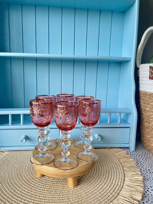 Antique Gold Rimmed Ruby Colored Sherry or Liqueur Glasses, Set of 6 Gold Engraved Glasses, Elegant Gold Detailing, Pre-War Pink/Ruby Glass