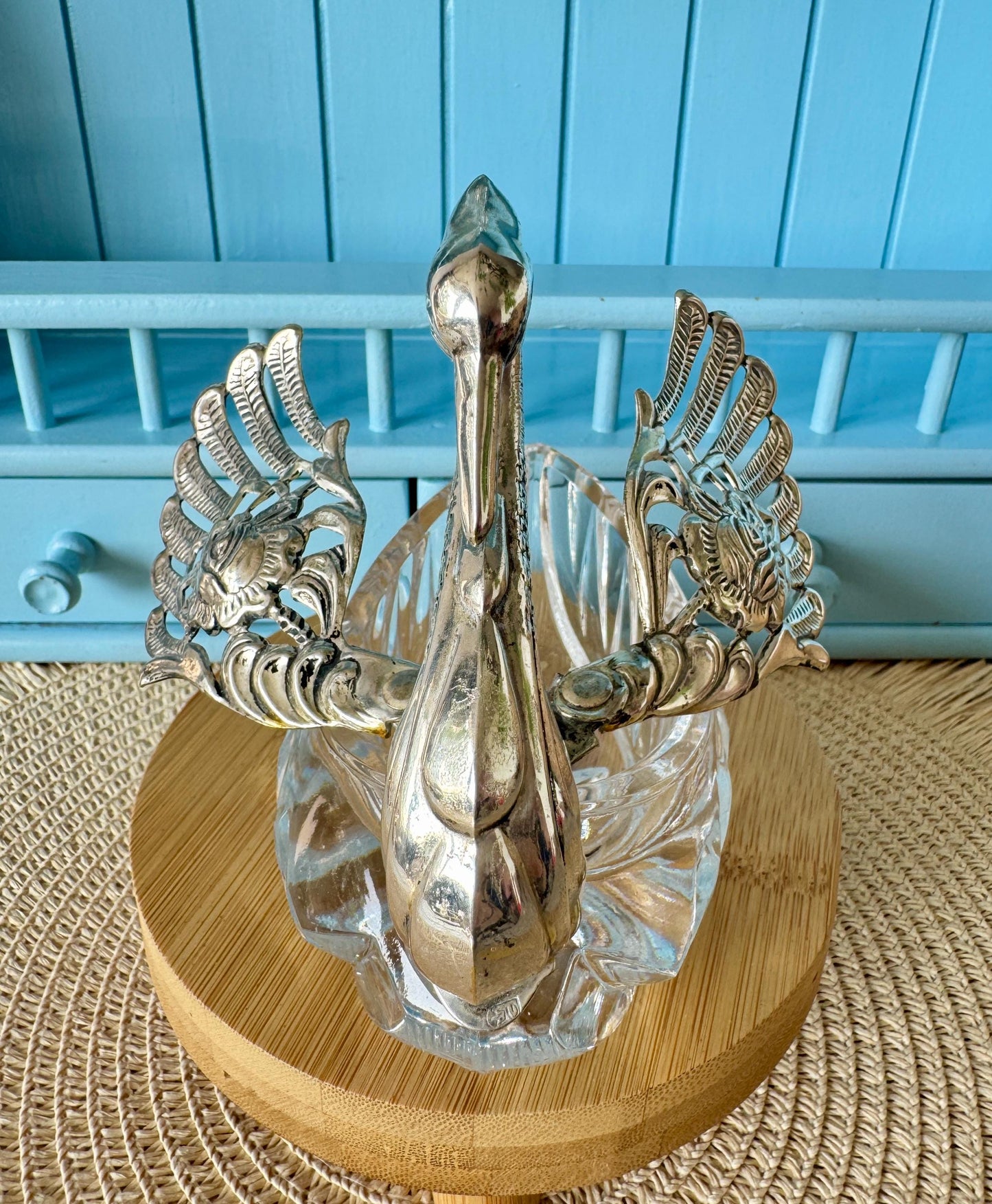 Rare Find: Vintage Swan Sugar Bowl, Crystal with Silver-Toned Rose Wings, Hallmarked Crown & G, Elegant Table Display Piece, Made in France