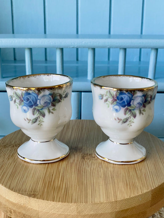 Vintage Royal Albert "Moonlight Rose" Two Egg Cups, Fine Bone China, Previously Loved, Thick Gold, Beautiful Blue Roses Decor, Made England