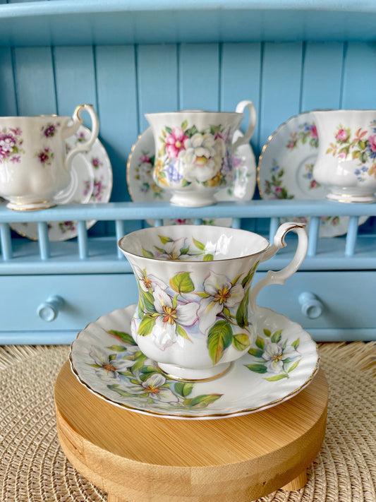Vintage Royal Albert White Trillium Demitasse CoffeeCup & Saucer, Fine Bone China, White Floral Decor, Previously loved, Made in England