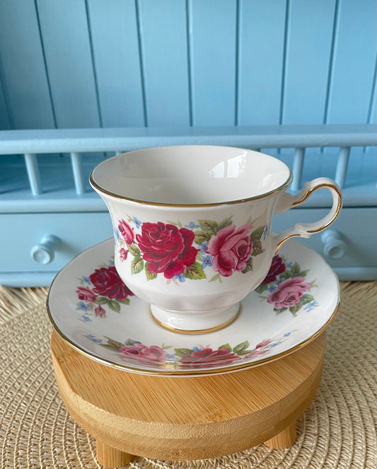 Elegant Vintage Queen Anne Tea Cup and Saucer - Red and Pink Floral Design, Antique English China, Cherished Collectible, 4 High-Tea Parties