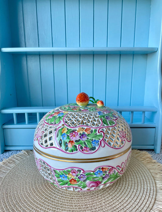 Rare Vintage Herend Porcelain Bonbonniere with FREE GIFT, Exquisite Design, Hand-Painted, Gold-Plated, Large Open Work Basket, Made Hungary