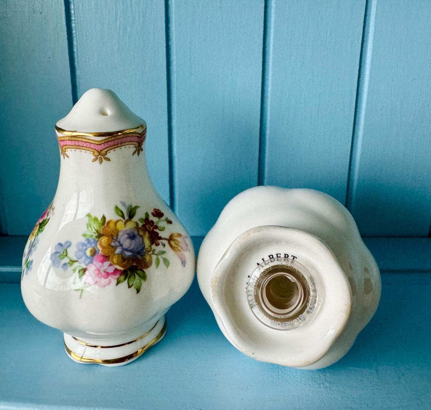 Vintage Royal Albert "Lady Carlyle" Salt & Pepper Shakers, Bone China, Previously Loved, Collectors Item, Thick Gold, Original Caps, England