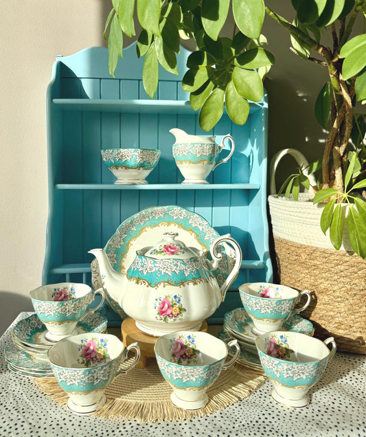 Vintage Royal Albert Enchantment Tea Set, 22-Piece, Bone China Service for 6, Never Used, Teapot, Cups, Saucers, Plates, Creamer, Sugar Bowl