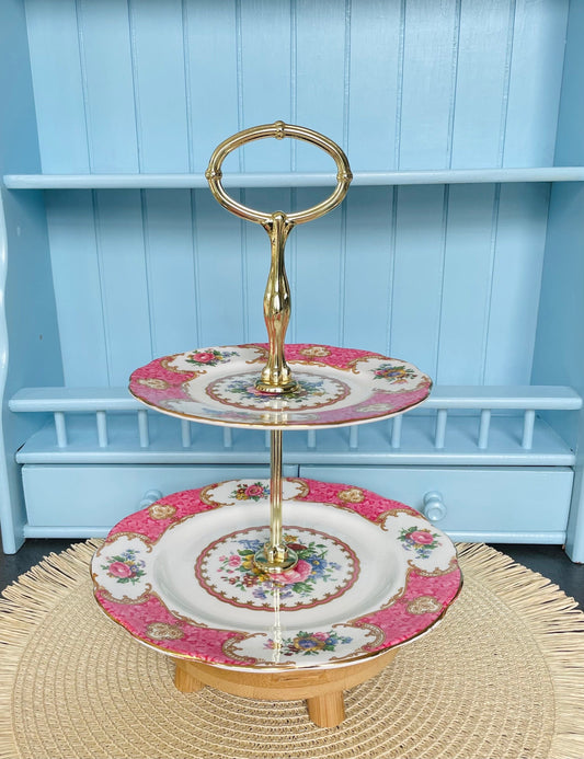 Royal Albert Lady Carlyle 2-Tier Cake Stand, Vintage Bone China, Pink Floral Roses, High Tea Tray, English Shabby Chic Decor, 1960s, England