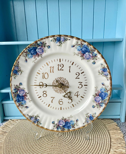 Hard to Find Royal Albert 'Moonlight Rose' Astral Quartz Clock: Timeless Elegant Wall Piece, Beautiful Blue Roses Decor, Made in England