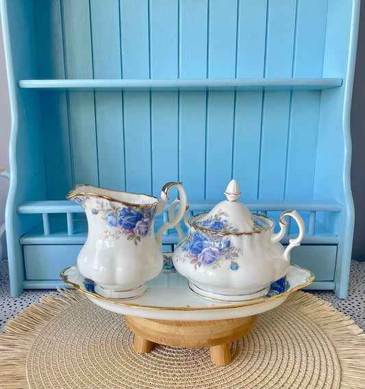 Vintage Royal Albert "Moonlight Rose" Fine Bone China Creamer Set with Platter, Hard to Find, Lidded Sugar Bowl, Blue Rose Decor, England