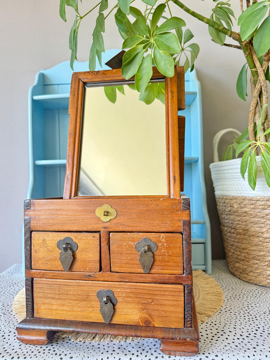 Apothecary Cabinet With Mirror, Antique Storage Unit, Colonial Solid Wooden Chest With Drawers, Oak Desktop Organizer, Shaving Cabinet