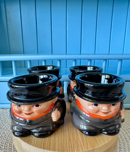 Set of 4 Vintage Goebel 1973 Chimney Sweep Egg Cups , German Luck Figurine Egg Holders, Quirky Collectible Kitchen Decor, Vintage Goebel