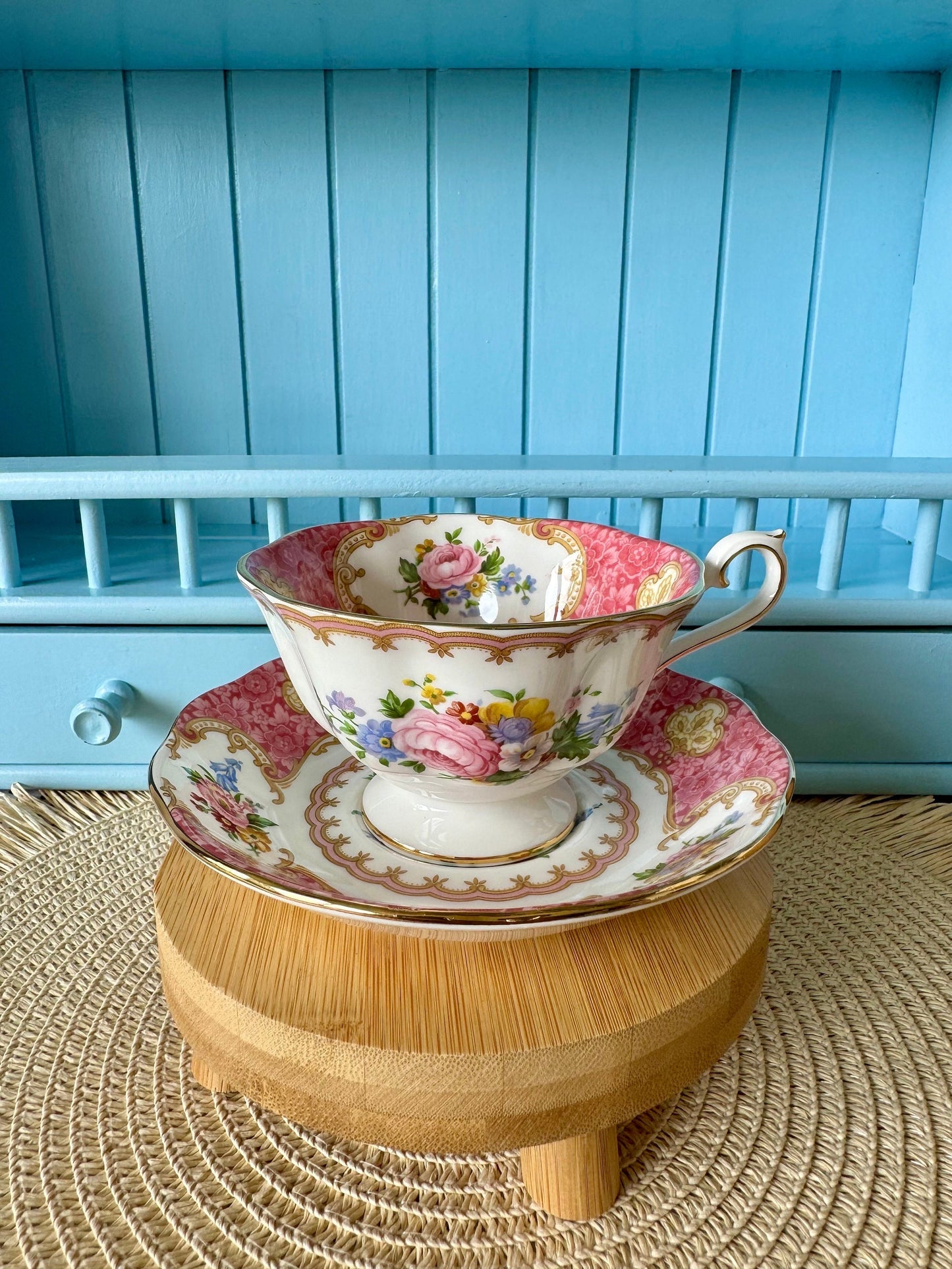 Very Rare Hard To Find "Inside Out" Royal Albert "Lady Carlyle" Avon Shape Teacup, Bone China, Previously Loved, Pink Decor, Made In England