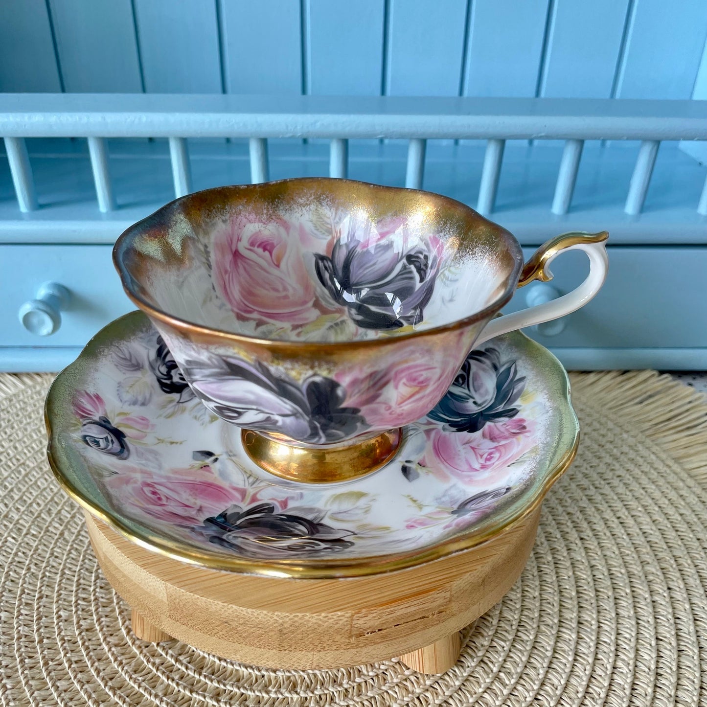 Rare Vintage Royal Albert Summer Bounty Tourmaline TeaCup and Saucer, Bone China, Pink & Black Roses, Thick Gold Trim, Collectors, England
