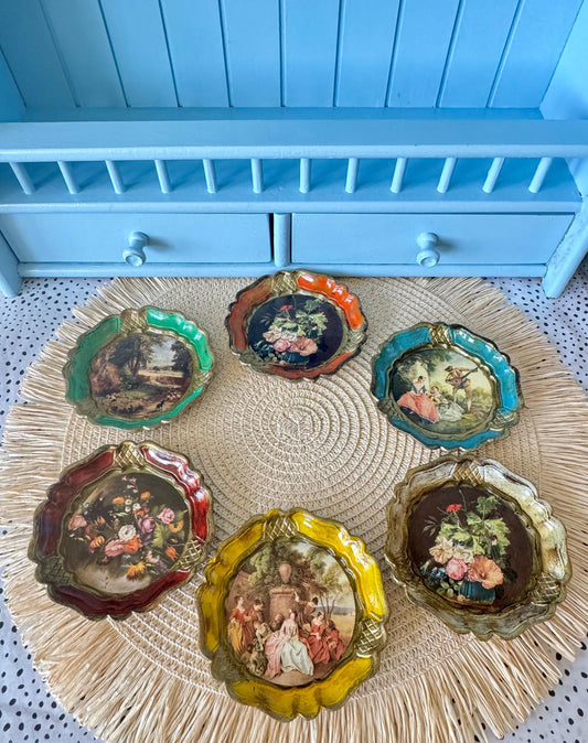 Vintage Italian Florentine Multicolored Gold Baroque Rococo Wooden Coasters, Vintage Set of 6 Coasters, Hand Painted, High Tea, Gift Idea