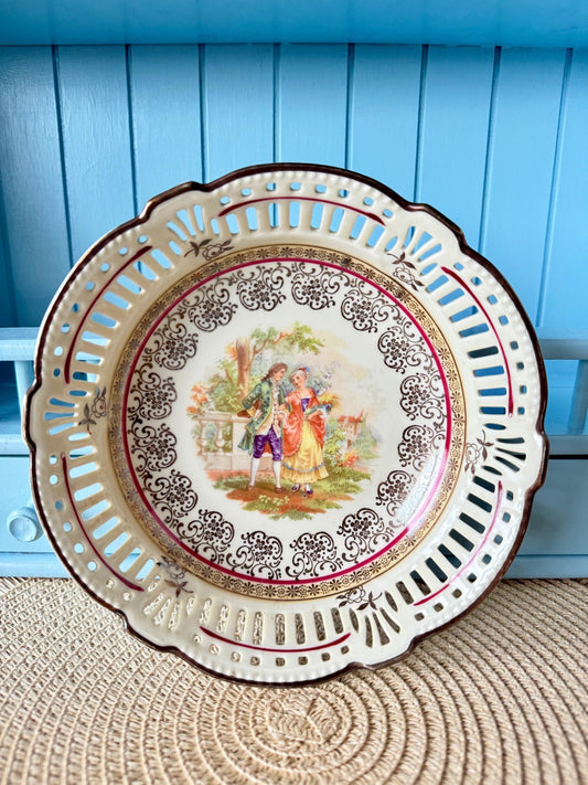 Hard To Find Vintage Schwarzenhammer Bavaria Fragonard Gold Laced Bread Basket, Courting Couple Decor, Previously Loved, Made in Germany