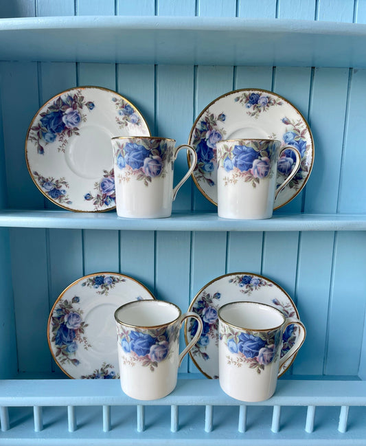 Set of 4 Vintage Royal Albert Moonlight Rose Chocolate Mugs & Saucers, Perfect 4 Small Coffee or Tea, Bone China, Blue Roses Decor, England