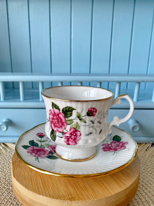 Stunning Vintage 'Clare' Ribbed Teacup & Saucer, Bright Pink Floral Decor, Beautiful Gold, Previously Loved, Bone China, Made in England