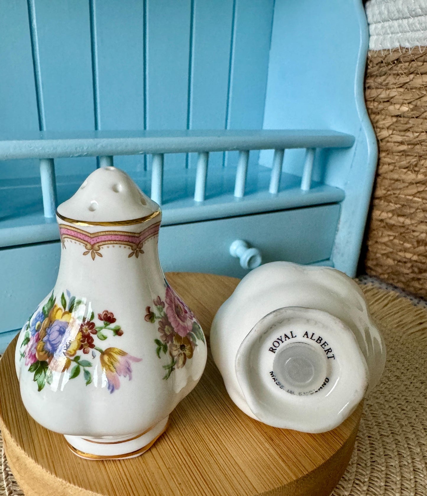 Vintage Royal Albert "Lady Carlyle" Salt & Pepper Shakers, Bone China, Previously Loved, Collectors Item, Thick Gold, Original Caps, England