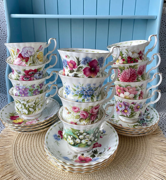 Vintage TeaSet of 12 'Royal Albert' Flower Of The Month Gentleman Sized Cup & Saucer, Fine Bone China, Perfect Gift, Made in England