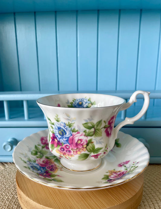 Vintage Royal Albert, Summertime Series, Male Sized TeaCup & Saucer, Bone China, Previously Loved, Pink and Blue Floral Decor, Made England