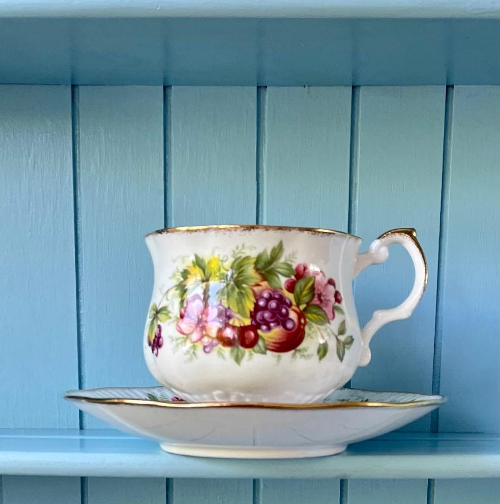 Vintage Royal Queens Fine Bone China Fruit Inspired Teacup And Saucer, Pear, Grapes, Perfect Gold, Queens Fine Bone China Made in England