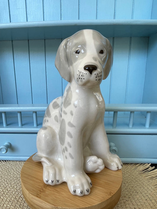 Vintage "Lomonosov" Puppy Figurine,  Made in the Soviet Union ~ USSR, Sitting Grey Puppy Porcelain Figurine, Previously Loved, Antique Puppy