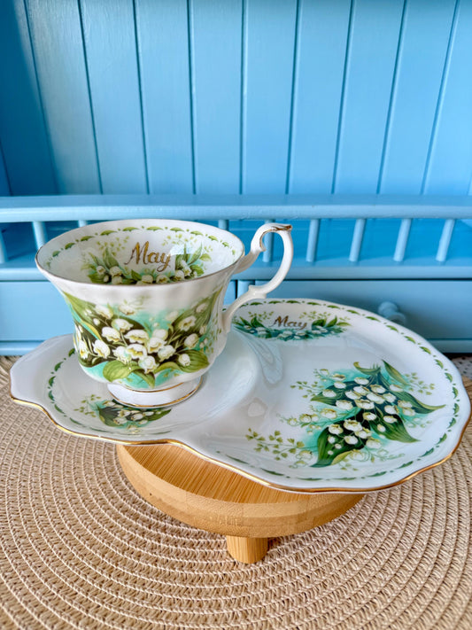Vintage Royal Albert Flower of the Month, May Tennis Set, Male Sized Teacup & Tennis Set, Bone China, Lily of Valley Floral Decor, England