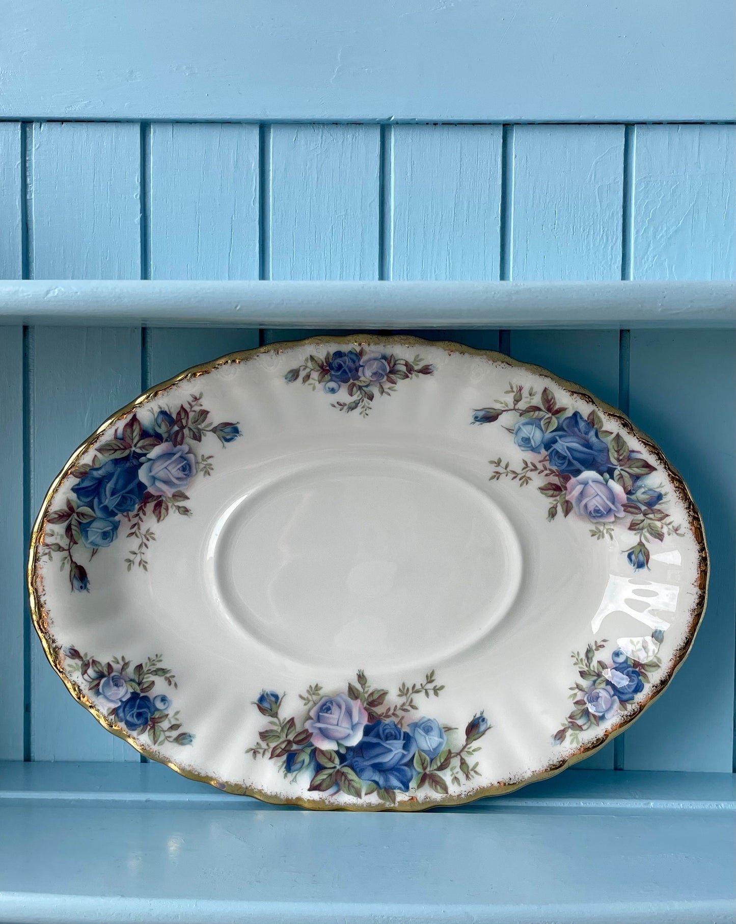 Very Rare Hard To Find Royal Albert "Moonlight Rose" Gravy Jar on Platter, Beautiful Thick Gold, Fine Bone China, Blue Roses Decor, England