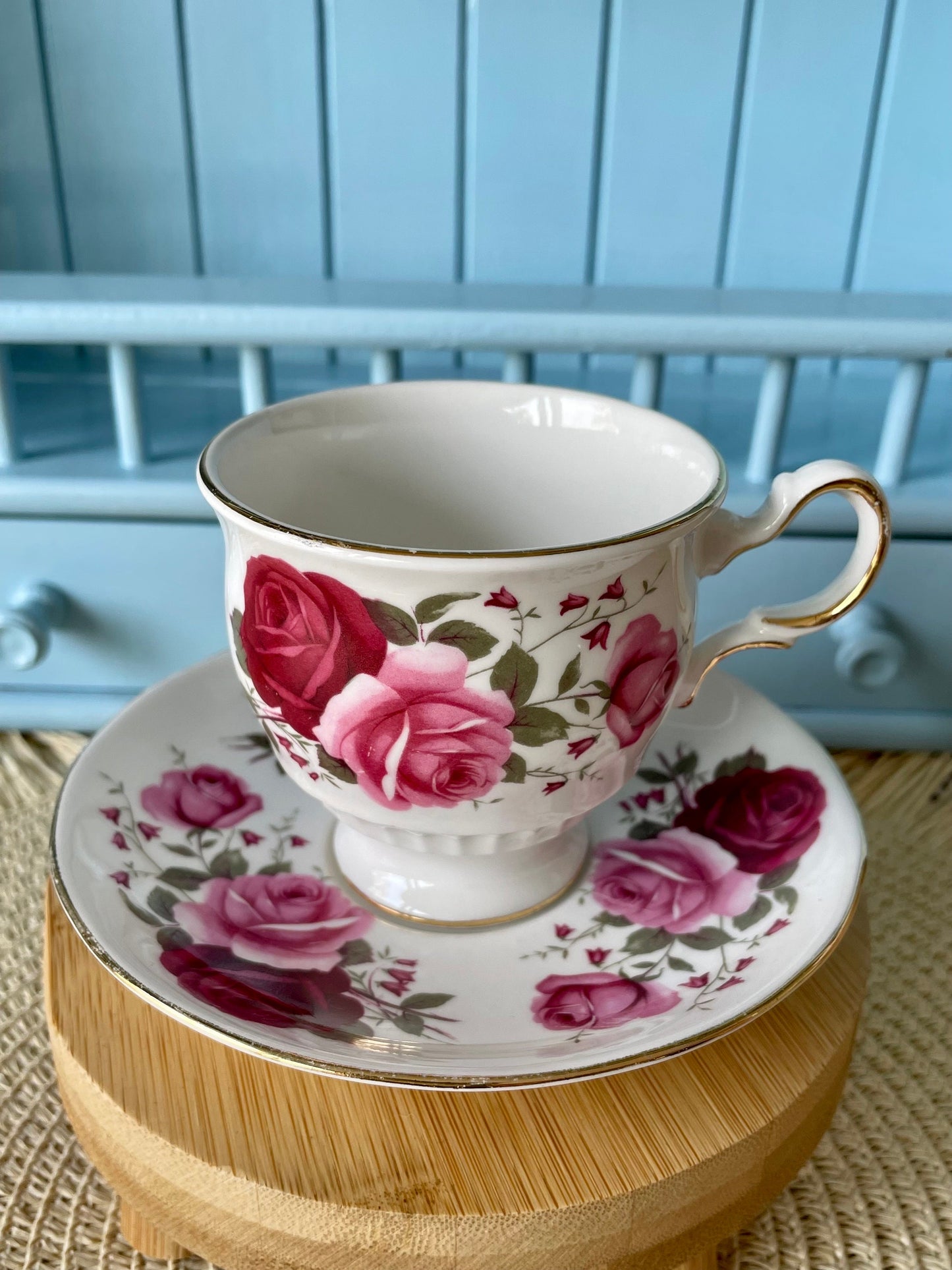 Vintage Queen Anne, Pink  and Red Roses Floral Bone Tea Cup and Saucer, Antique English China, Previously Loved, Ribbed Cup, Made in England