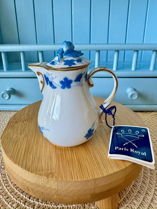Beautiful Vintage Miniature Paris Royal Limoges Mini Creamer, Mini CoffeePot, HandPainted Blue Florals, Rare Porcelain Beauty, Gold Decor