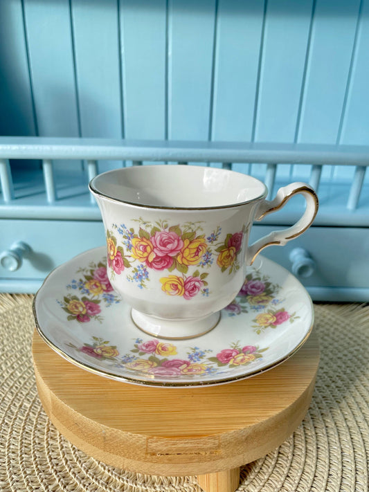 Charming Vintage Royal Vale TeaCup & Saucer, Pretty Yellow and Pink Roses Decor, Previously Loved Antique, Collectors Item, Made in England