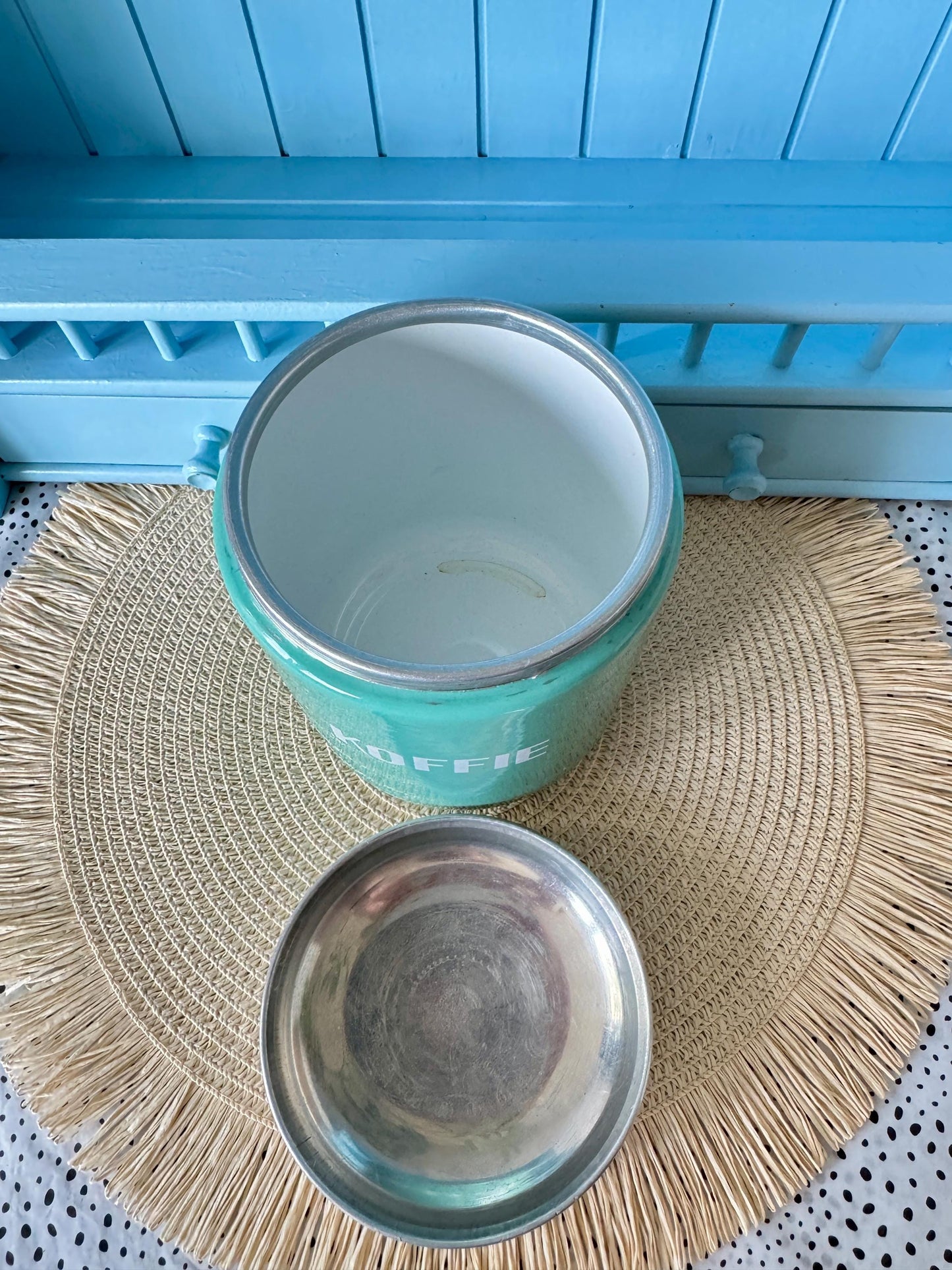 Rare Vintage Hard to Find and Very Collectible Dutch Enamel Canisters Set – Koffie Suiker Thee – 1960s Retro Storage Jars, Turquoise Blue