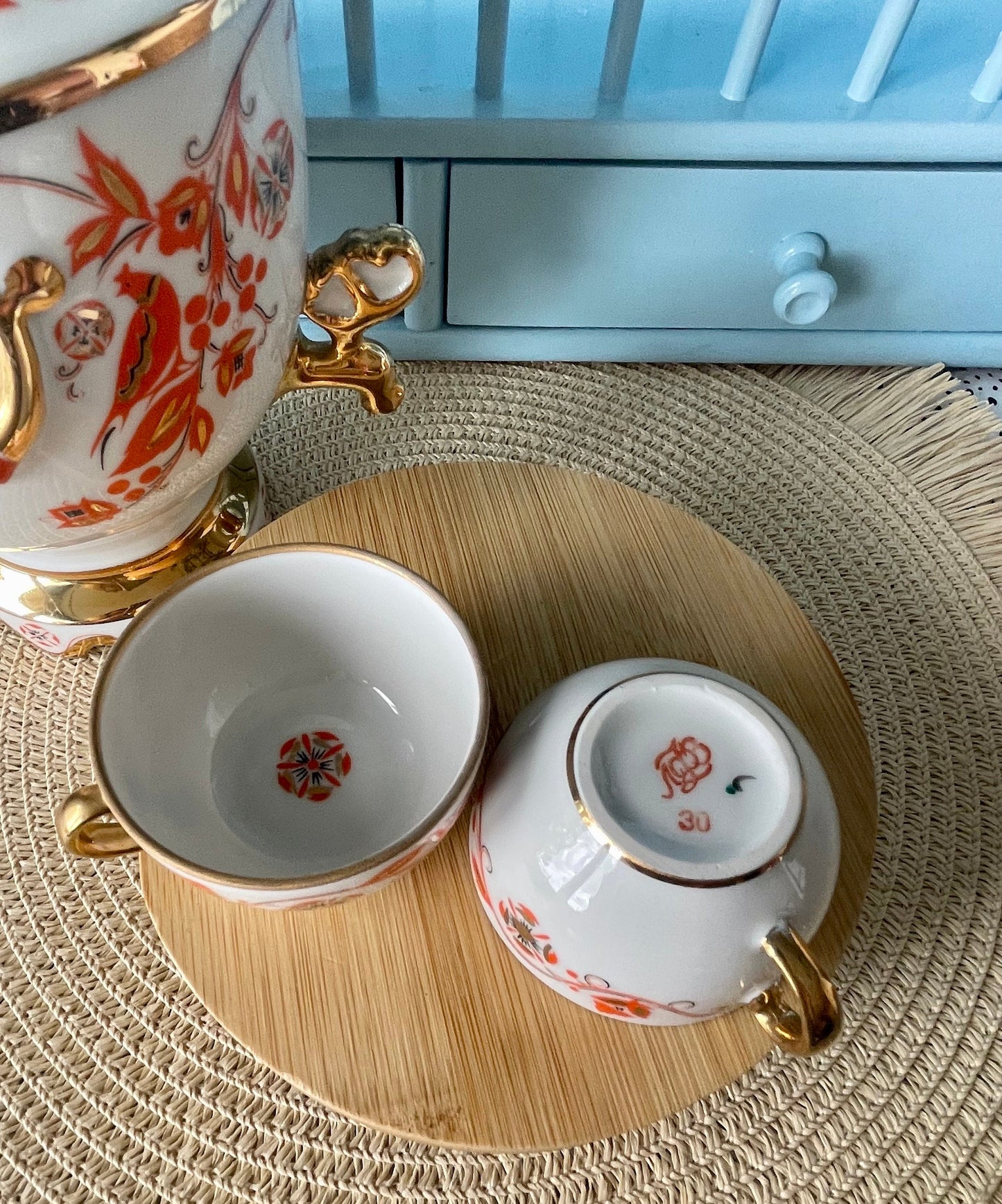 Rare Find, Vintage "Lomonosov" Samovar, Made in USSR, Orange and 22 Karat Golden Decanter, Previously Loved, Collectors Item, With Two Cups