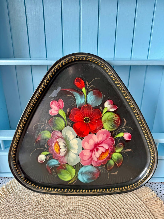 Vintage Zhostovo Floral Tray USSR, Rounded Triangle Metal Folk Art, Pink Peony & Rose HandPainted Toleware, Gold Trim, Cottage Decor, Russia