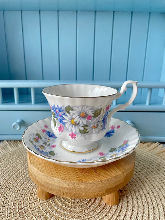 Vintage Royal Albert Male Sized Teacup & Saucer, Fine Bone China, Beautiful Blue and Pink Floral Decor, Previously loved, Made in England