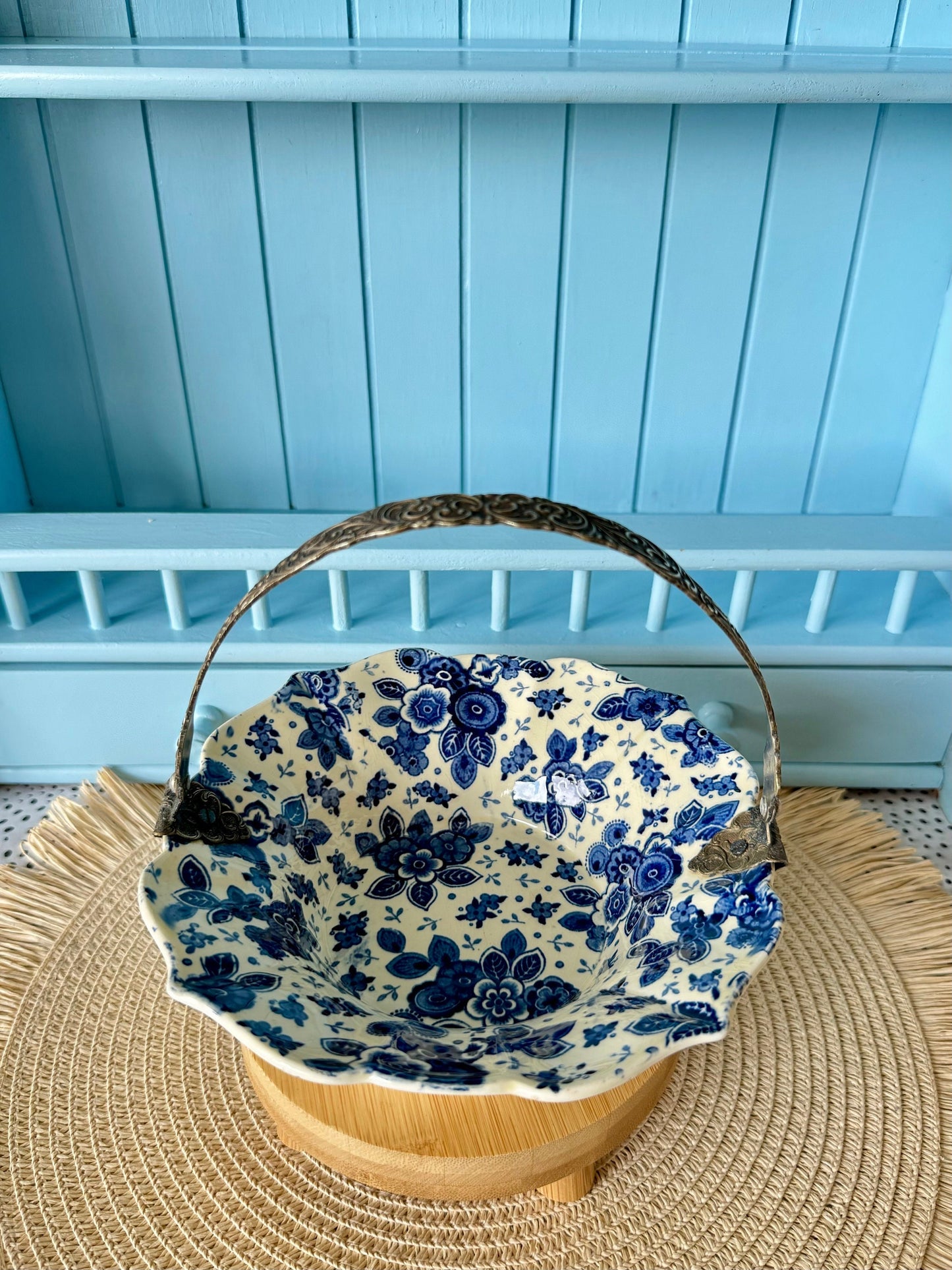 Pretty Silver Plated 'Beatrix' Bonbon Plate w/ Handle, Previously Loved, Société Ceramique Maestricht, Beautiful Blue Floral Decor, Holland