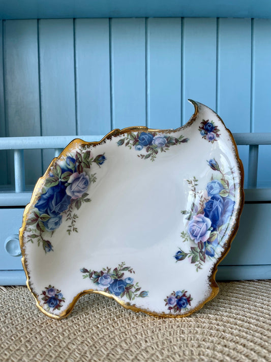Vintage Royal Albert Moonlight Rose Swirl Shaped Bonbon Trinket Dish, Fine Bone China, Blue Roses Decor, Made in England, Perfect Ring Dish