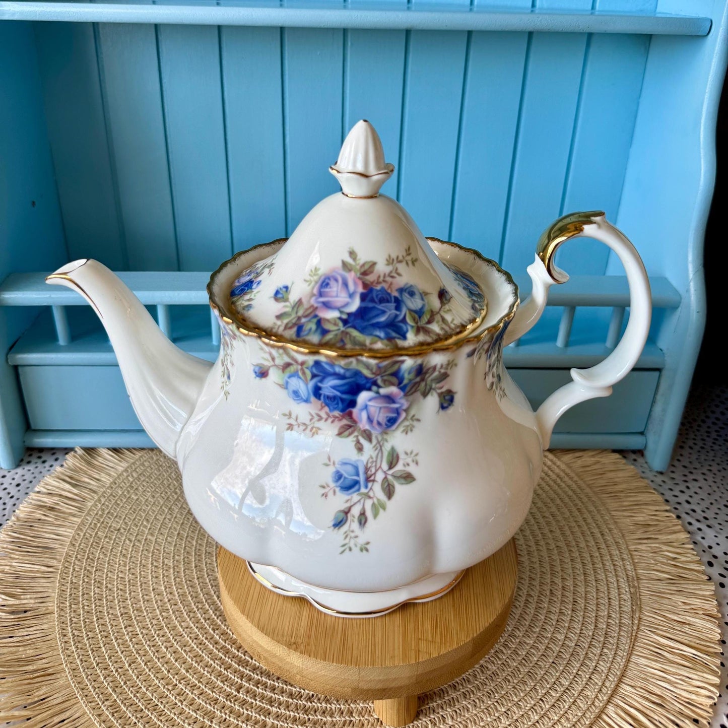 Very Rare Hard To Find "Large" Royal Albert "Moonlight Rose" TeaPot, Beautiful 1.25L TeaPot, Bone China, Blue Roses Decor, Made in England