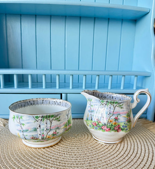 Hard To Find Vintage Royal Albert 'Silver Birch' Large Open Sugar Bowl & Large Creamer, Previously Loved, Lovely Silver Birch Decor, England