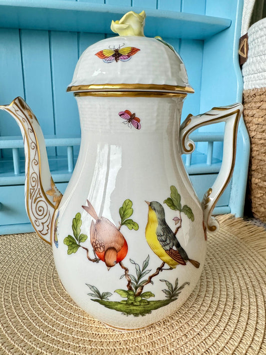 Hard to Find, Rare Vintage Herend ‘Rothschild’ Medium CoffeePot -Hand-Painted Yellow Rose,Vintage Elegance, Birds Decor, Hungarian Porcelain