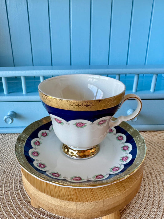 Vintage Winterling Marktleuthen Bavaria Teacup & Saucer, Gold Band, Blue Panels with Floral Decor, Excellent Condition, Made in Germany