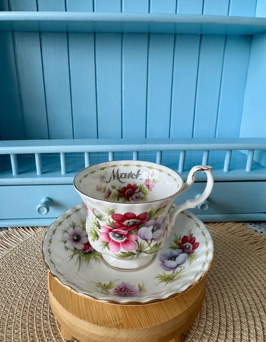 Vintage Royal Albert Flower of the Month, March Teacup, Male Sized Teacup and Saucer, Bone China, Annemone Floral March Decor, England