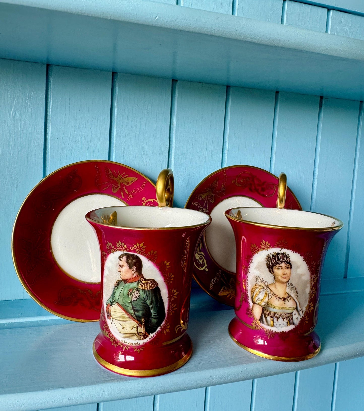 Rare Limoges Napoleon Josephine Espresso Cups & Saucers | Burgundy Gold Porcelain | Imperial Bee Motif | Perfect Condition | Historical Gift